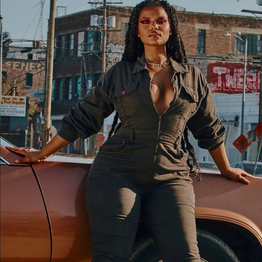 Plus Chocolate Brown Denim Zip Front Jumpsuit